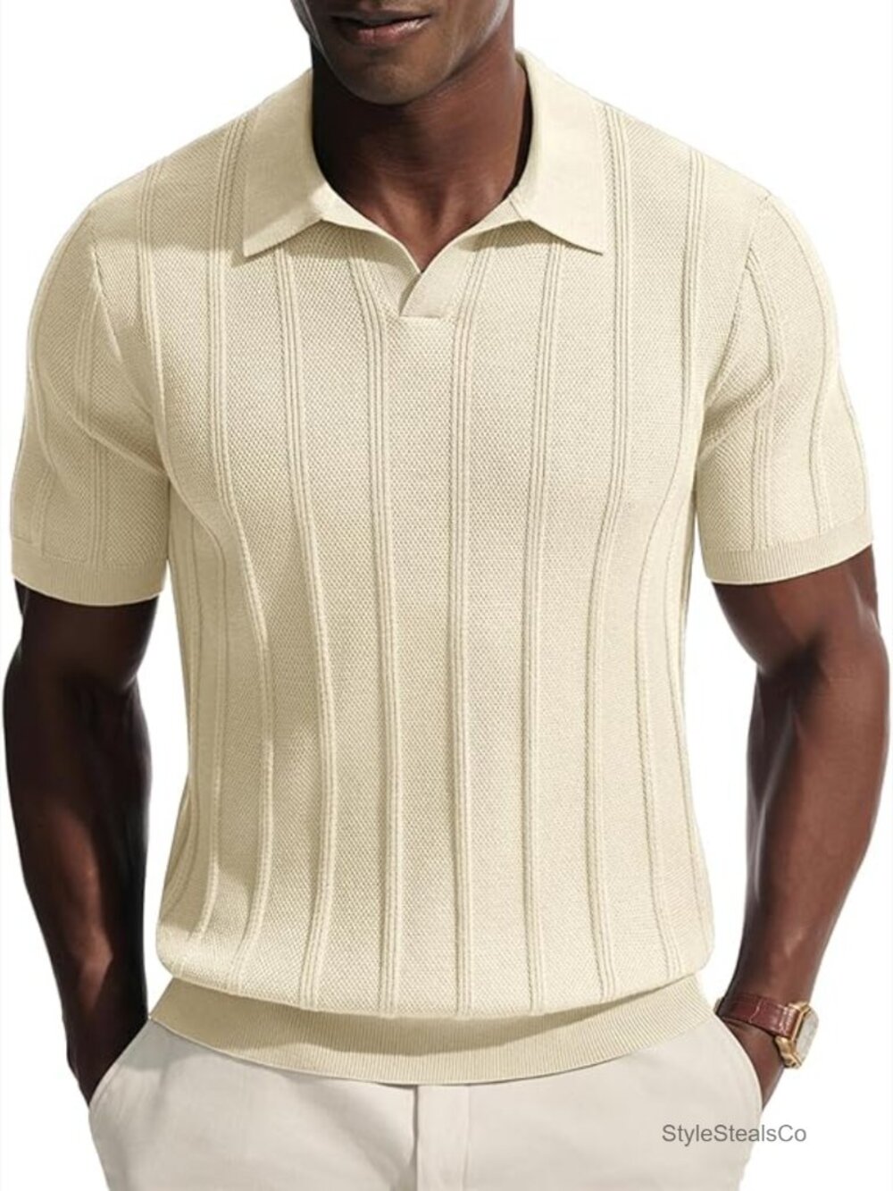 Men's Relaxed Fit V-Neck Polo Shirt, Short Sleeve, Recycled Material